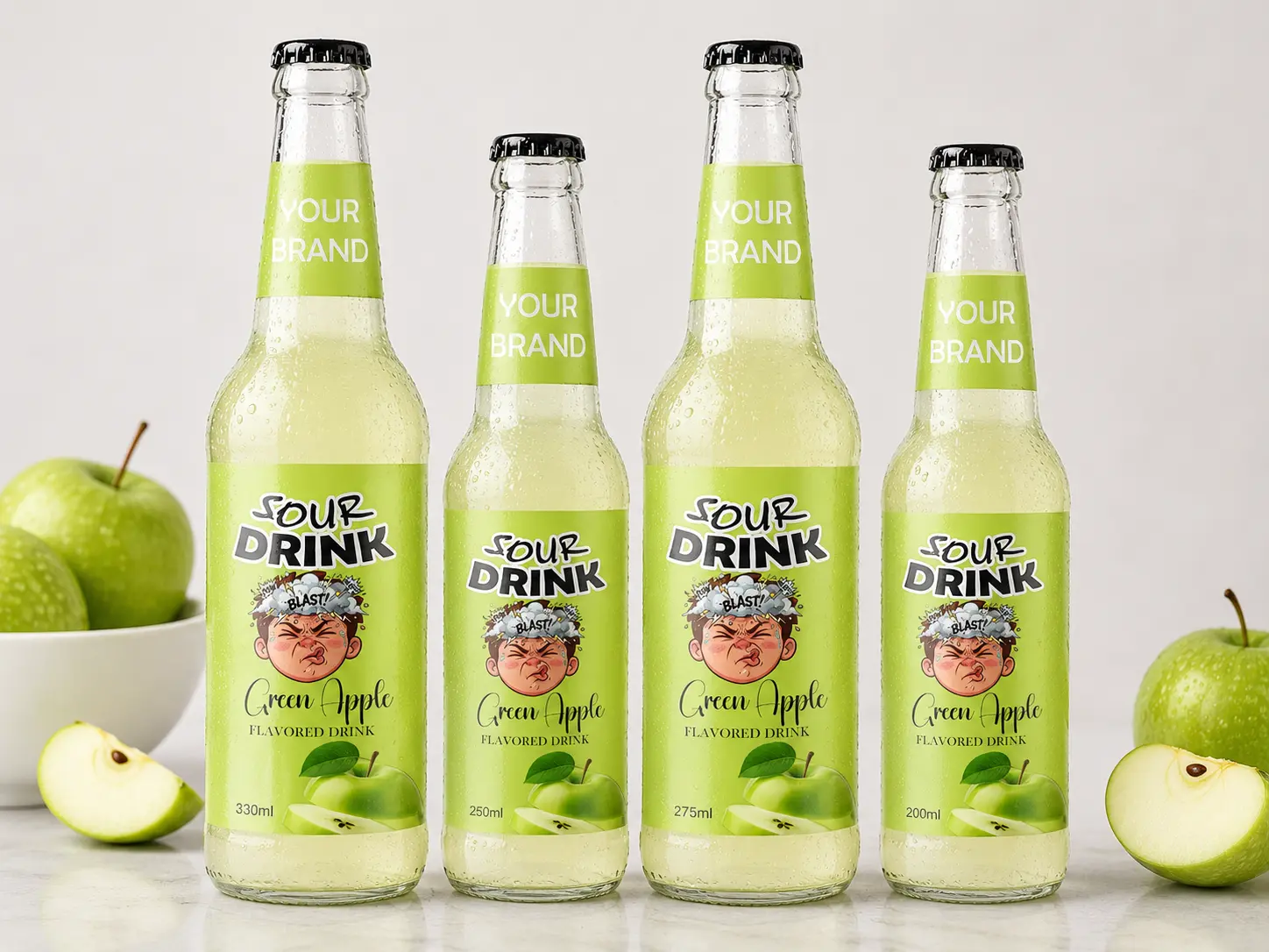 SOUR DRINK Green Apple Flavored Drink in 330ml, 250ml, 275ml, and 200ml glass bottles.